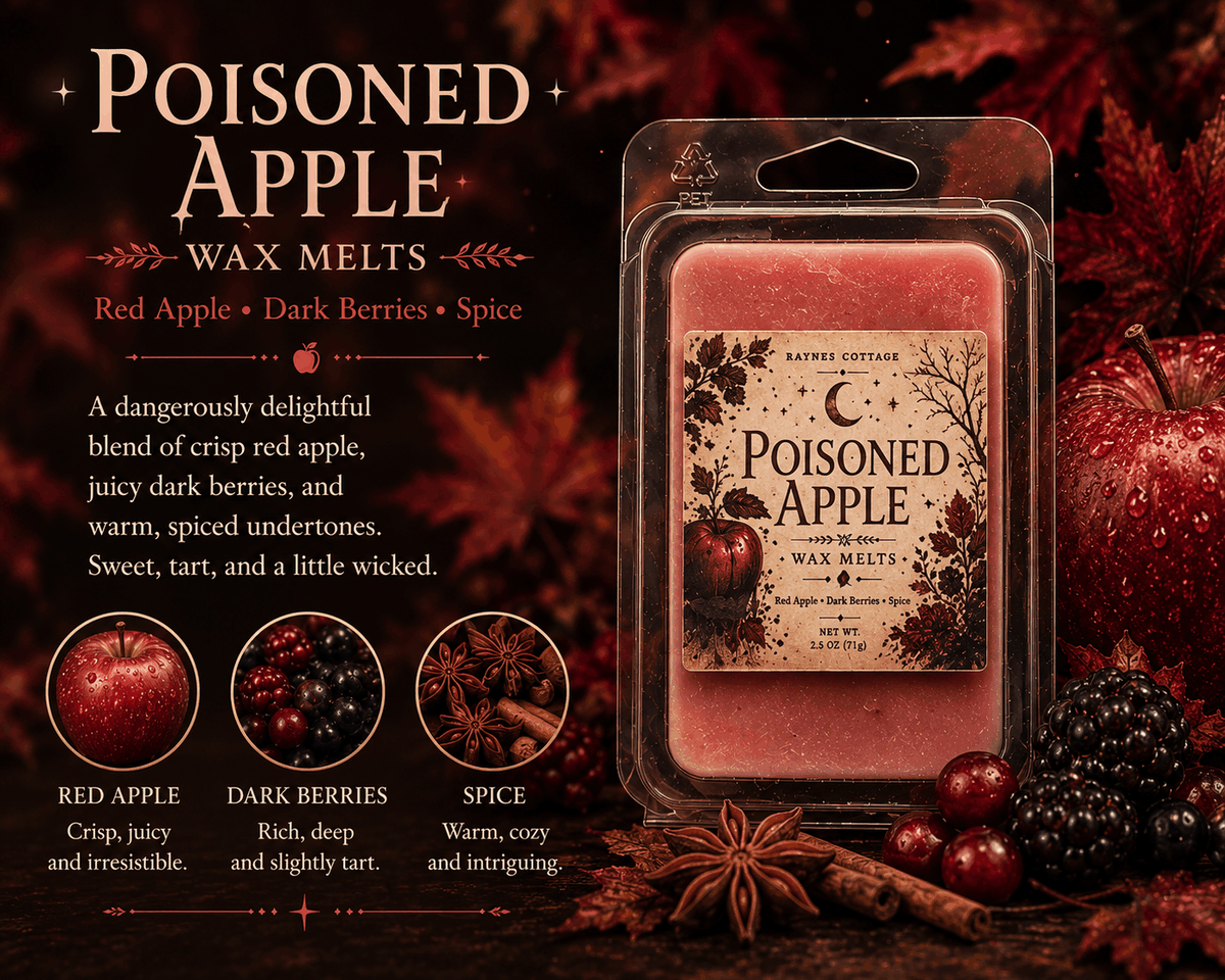 Poisoned Apple Wax Melts in a clear clamshell, featuring a rosy red wax bar and vintage apple label