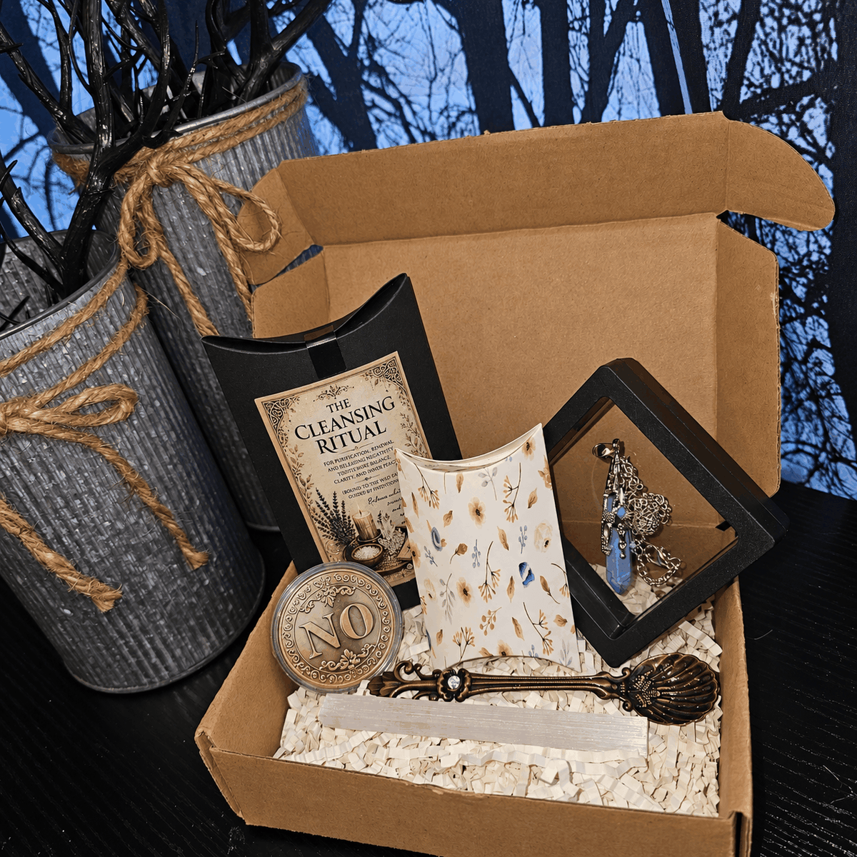 Raynes Cauldron Mini ritual box with a cleansing ritual kit, patterned card, engraved coin, pendant and spoon