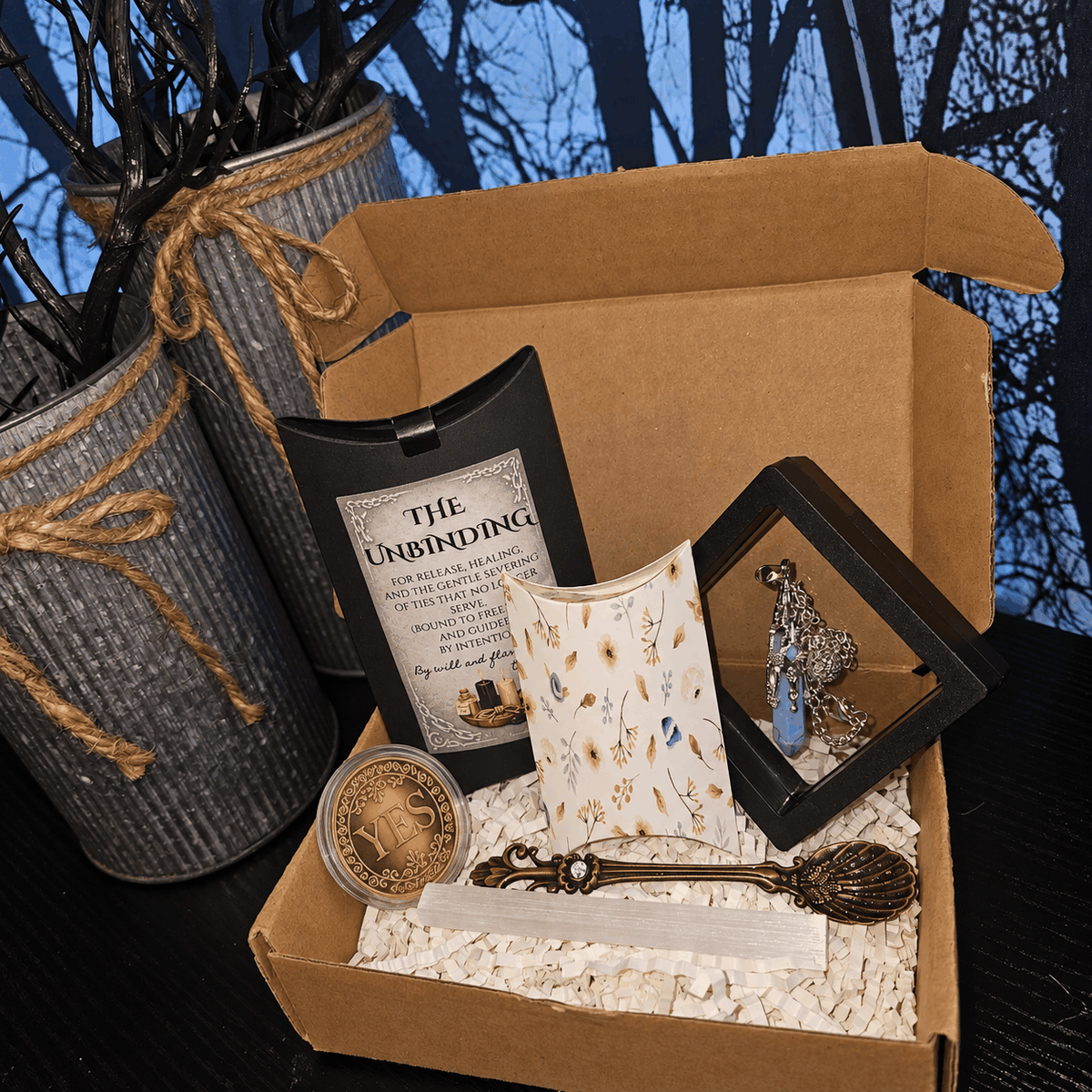 Raynes Cauldron Mini ritual box with a brown cardboard box, printed ritual card, coin, jewelry, and decorative spoon