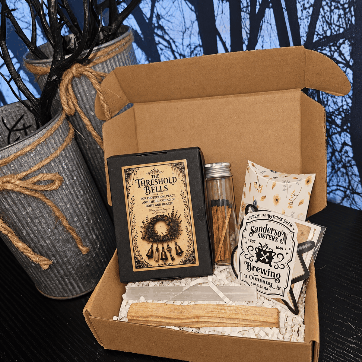 Raynes Cauldron Mini ritual box with a wooden incense stick, matches, printed cards, and incense cone pack