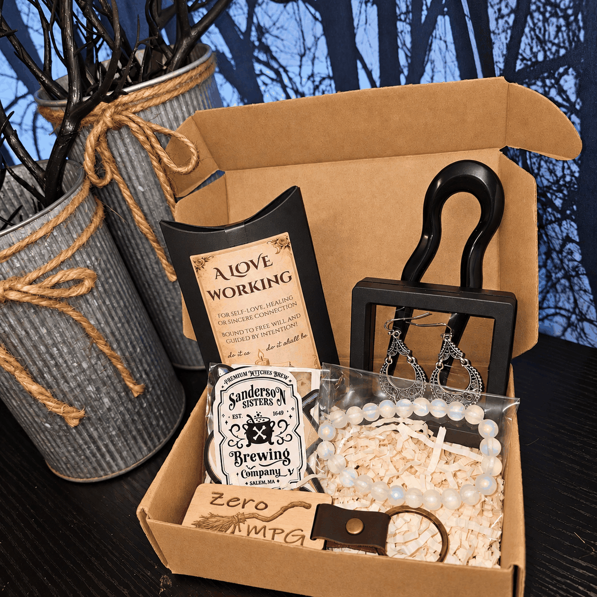 Raynes Cauldron Mini ritual box with a love working kit, beaded bracelet, earrings, incense and small treasures