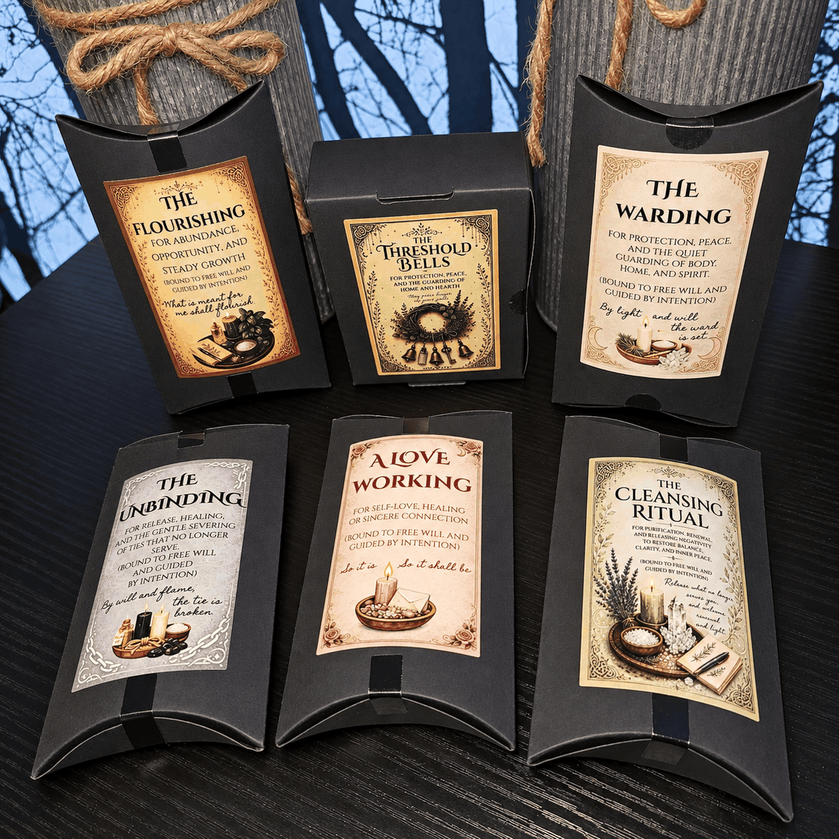 Raynes Cauldron Mini ritual kit set with six black packages, each displaying a distinct warm-toned ritual label and design
