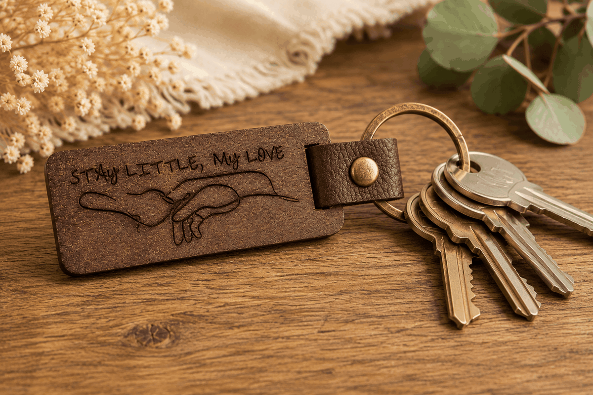 Stay Little Keychain with a dark brown engraved wooden tag, hand illustration, and brown leather loop with brass hardware