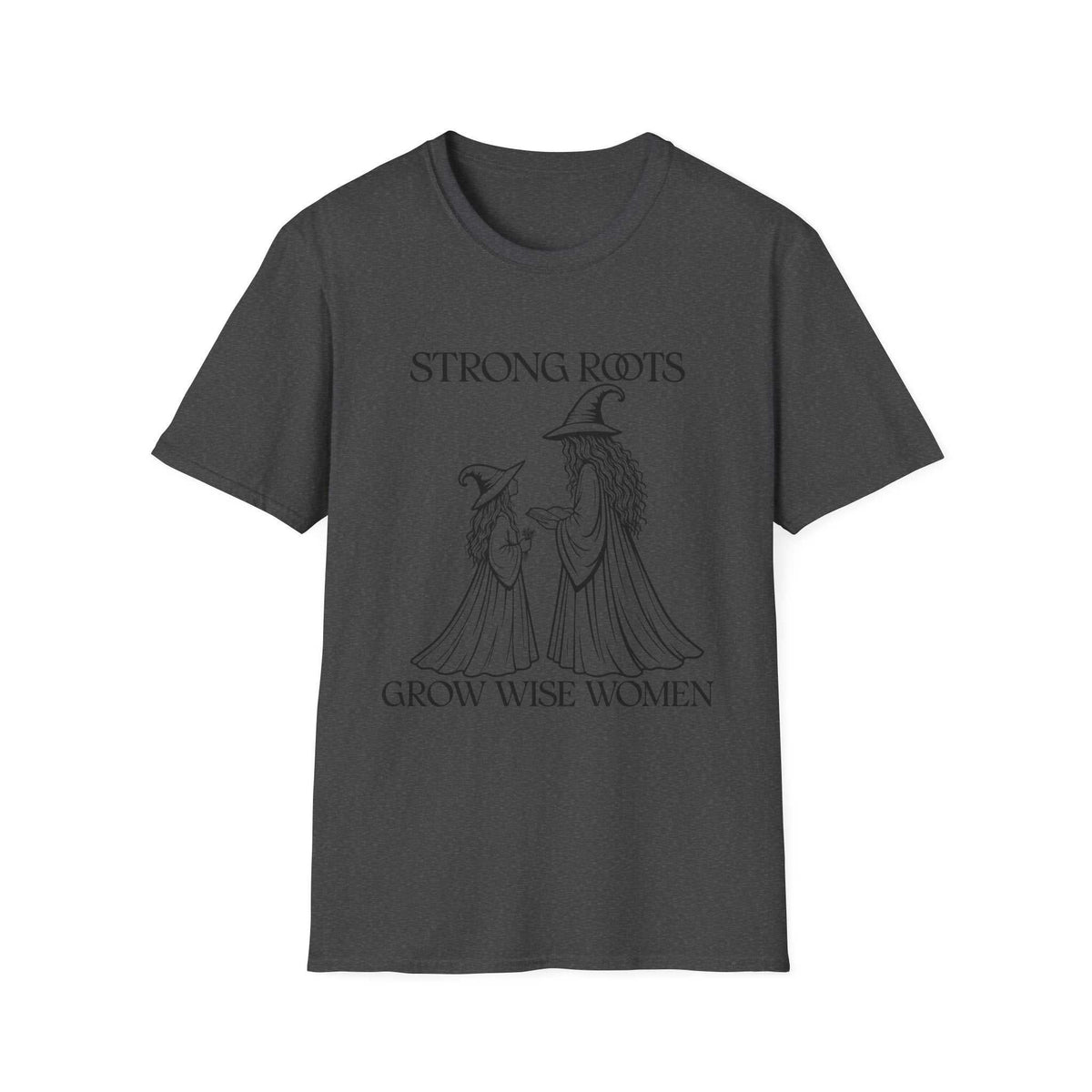 Strong Roots Grow Wise Women T-shirt, Dark Heather front product mockup with adult-and-young-witch illustration