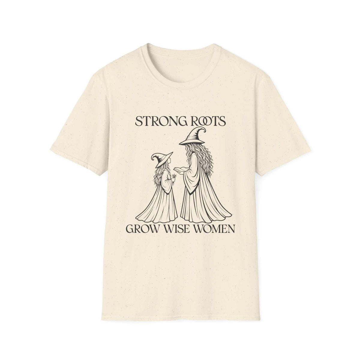 Strong Roots Grow Wise Women T-shirt, Natural front product mockup with adult-and-young-witch illustration