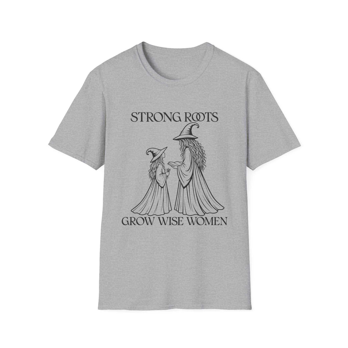 Strong Roots Grow Wise Women T-shirt, Sport Grey front product mockup with adult-and-young-witch illustration