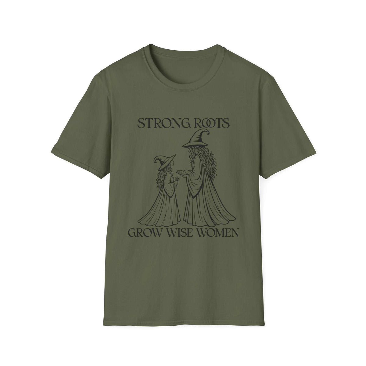 Strong Roots Grow Wise Women T-shirt, Military Green front product mockup with adult-and-young-witch illustration