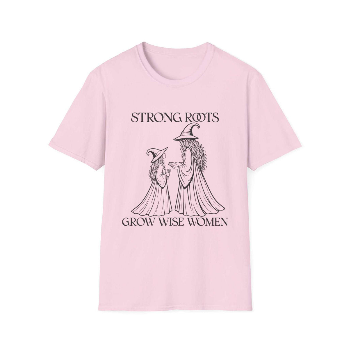 Strong Roots Grow Wise Women T-shirt, Light Pink front product mockup with adult-and-young-witch illustration