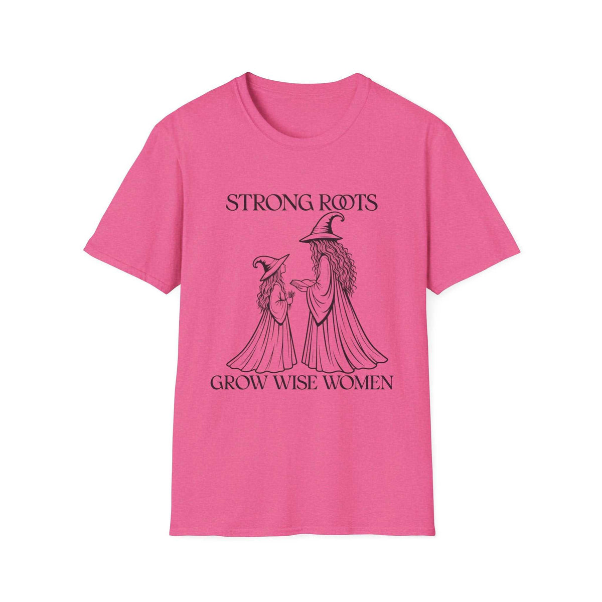 Strong Roots Grow Wise Women T-shirt, Heather Heliconia front product mockup with adult-and-young-witch illustration