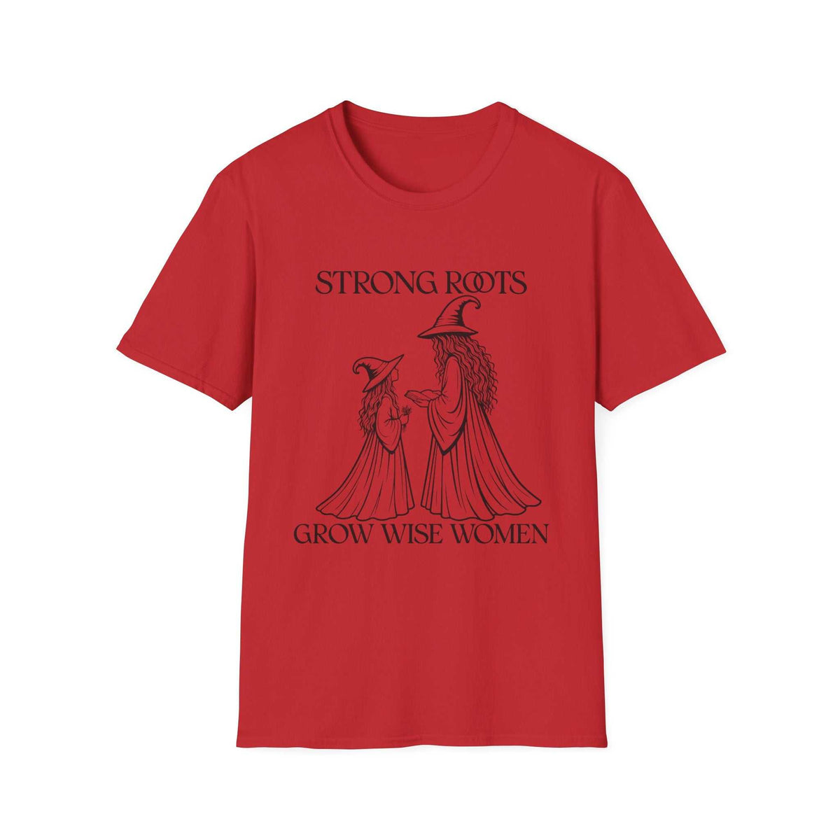 Strong Roots Grow Wise Women T-shirt, Red front product mockup with adult-and-young-witch illustration