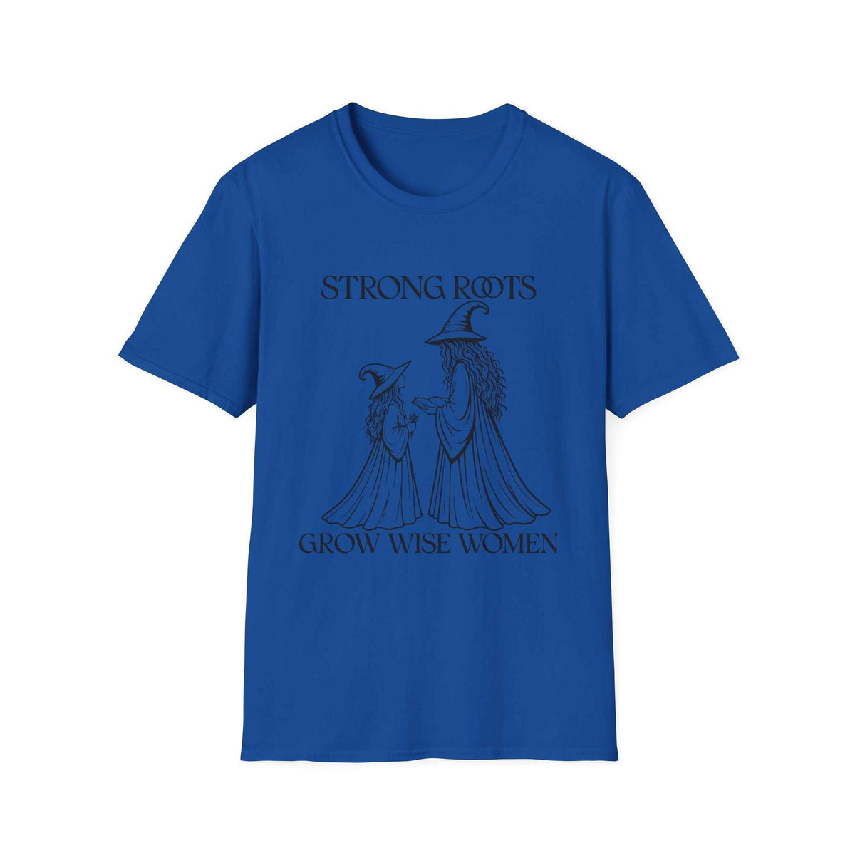 Strong Roots Grow Wise Women T-shirt, Royal front product mockup with adult-and-young-witch illustration