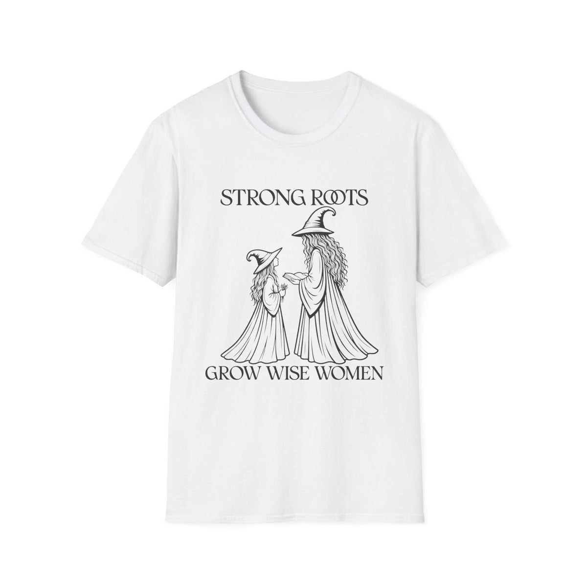 Strong Roots Grow Wise Women T-shirt, White front product mockup with adult-and-young-witch illustration