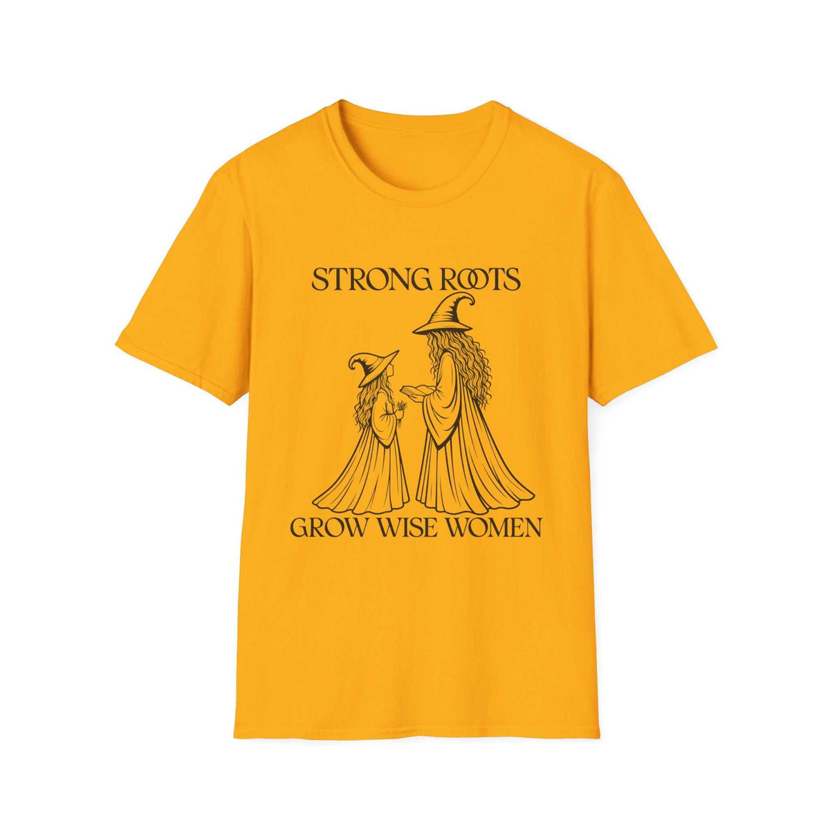 Strong Roots Grow Wise Women T-shirt, Gold front product mockup with adult-and-young-witch illustration
