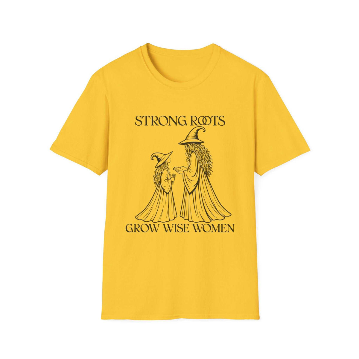 Strong Roots Grow Wise Women T-shirt, Daisy front product mockup with adult-and-young-witch illustration