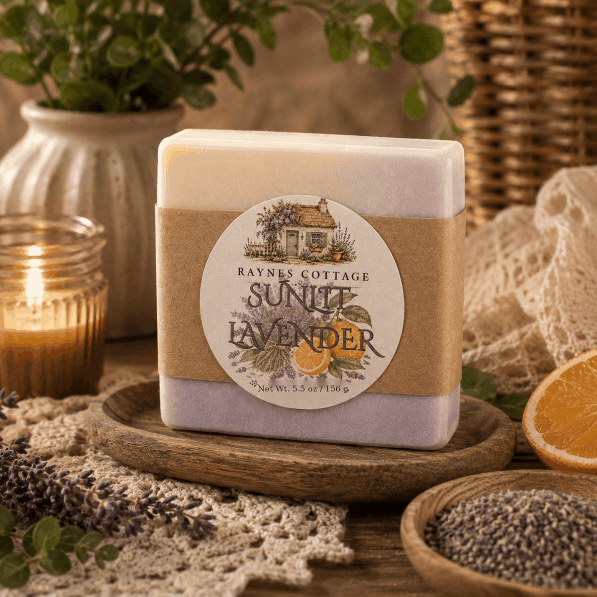 Raynes Cottage sunlit-lavender soap net weight 5.5 oz / 156 g