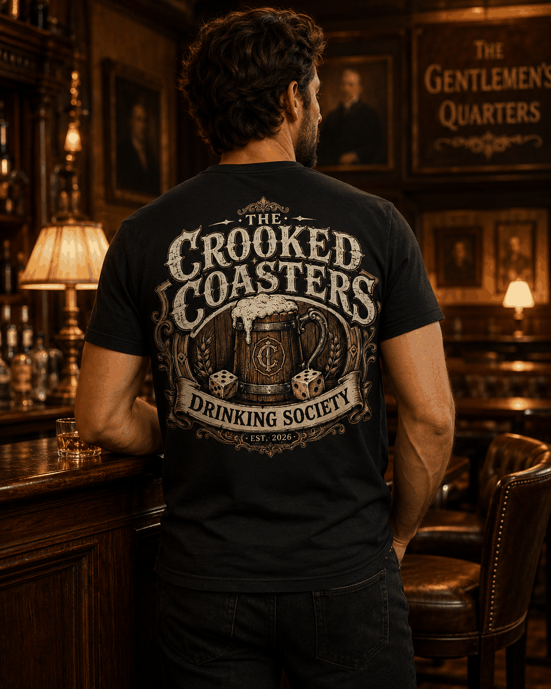 Crooked Coasters Drinking Society T-shirt, Black tee modeled from the back
