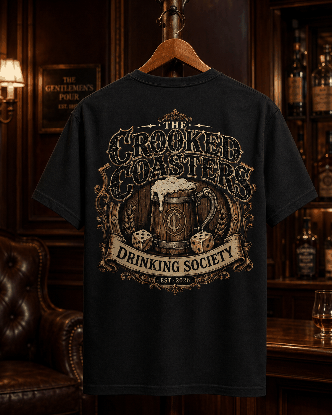 Crooked Coasters Drinking Society T-shirt, Black tee on a hanger