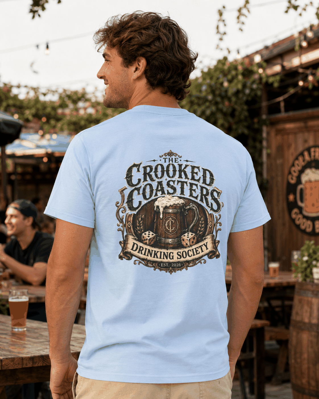 Crooked Coasters Drinking Society T-shirt, Light Blue tee modeled from the back
