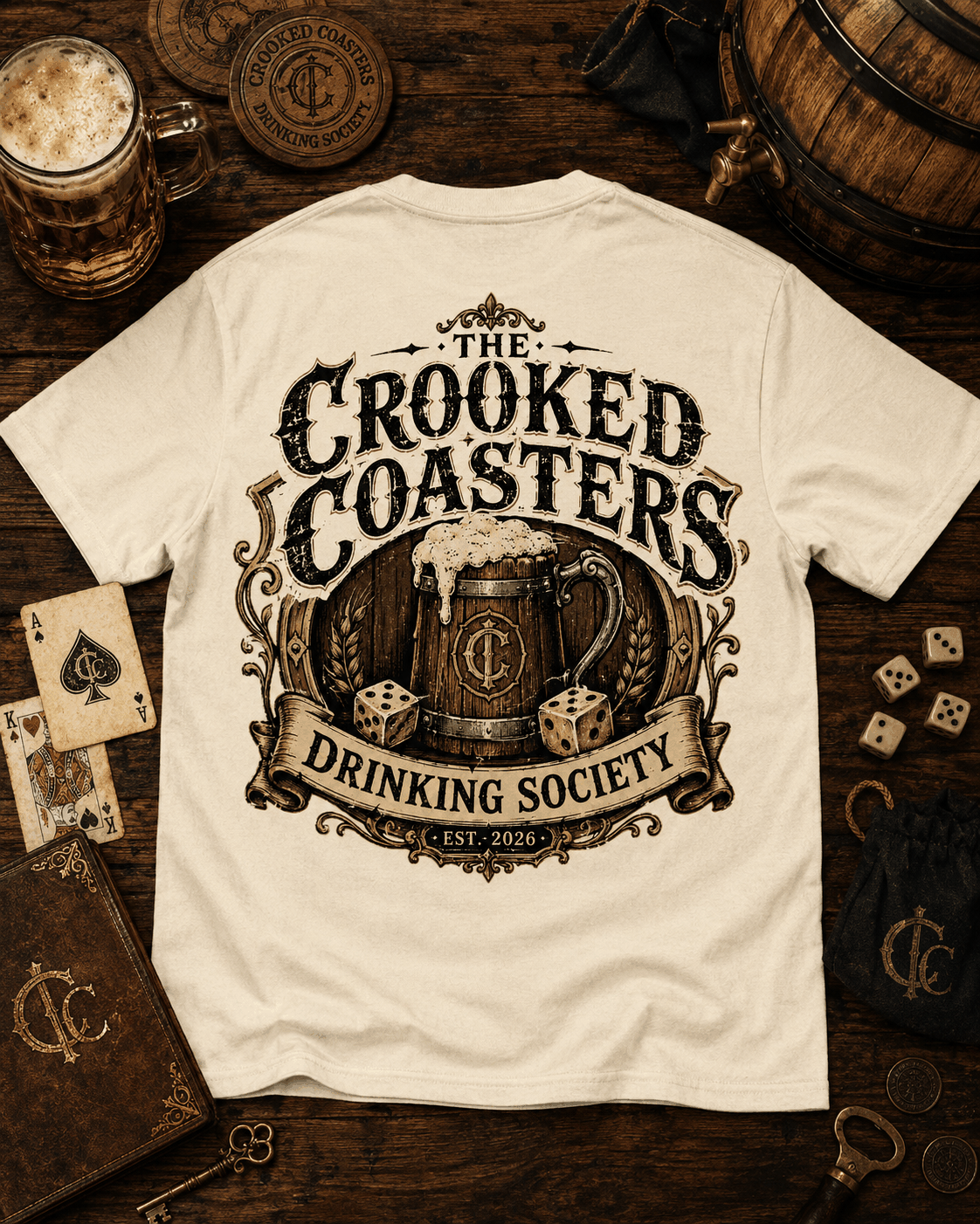Crooked Coasters Drinking Society T-shirt, White tee laid flat