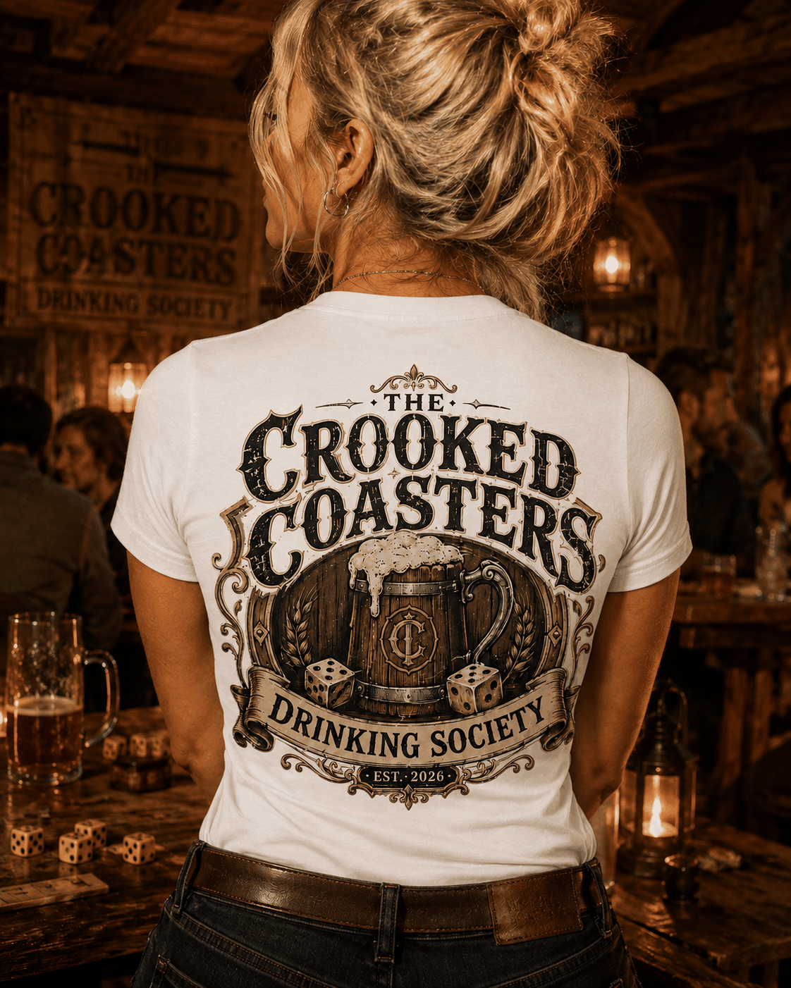 Crooked Coasters Drinking Society T-shirt, White tee modeled from the back