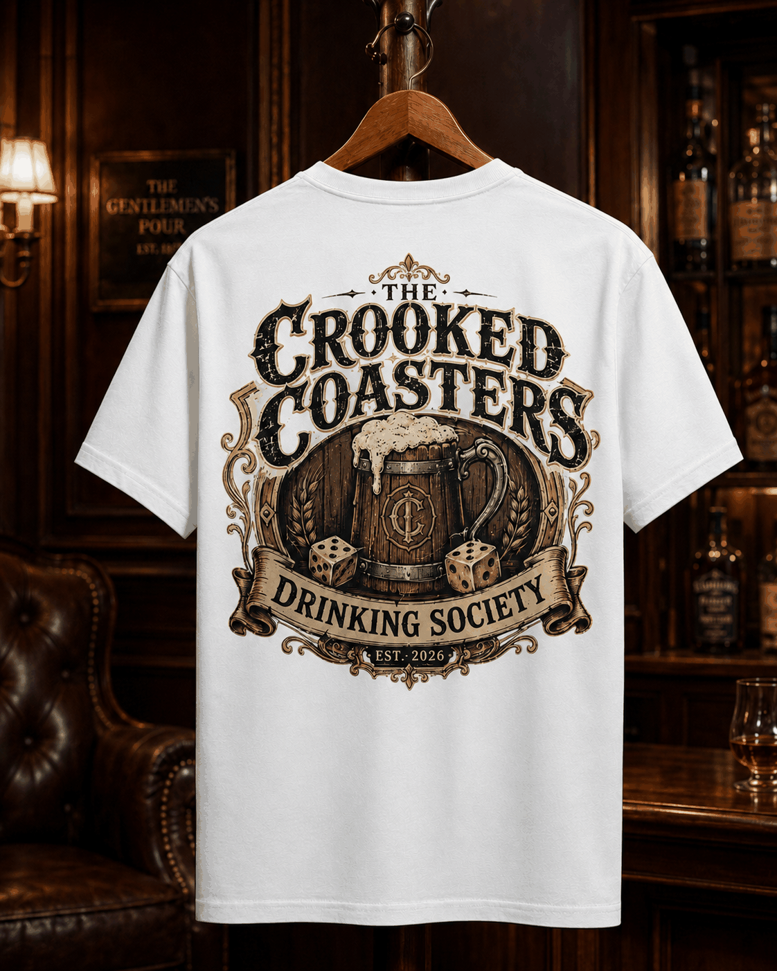 Crooked Coasters Drinking Society T-shirt, White tee on a hanger