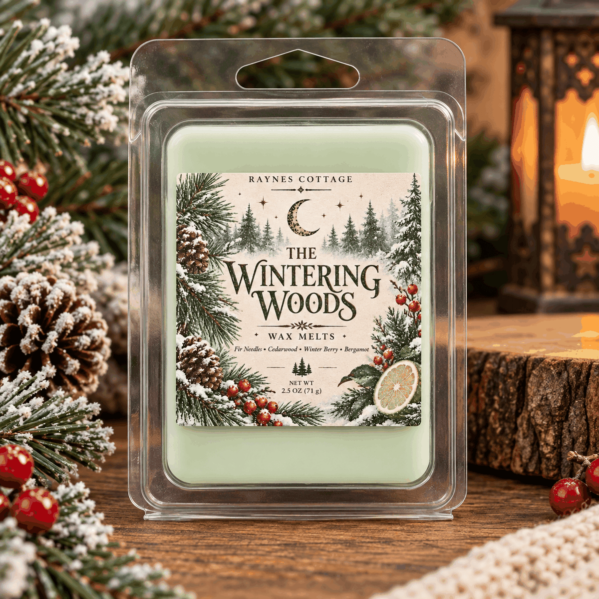 The Wintering Woods Wax melt in a clear clamshell, pale green wax with a festive evergreen, berry and citrus forest label