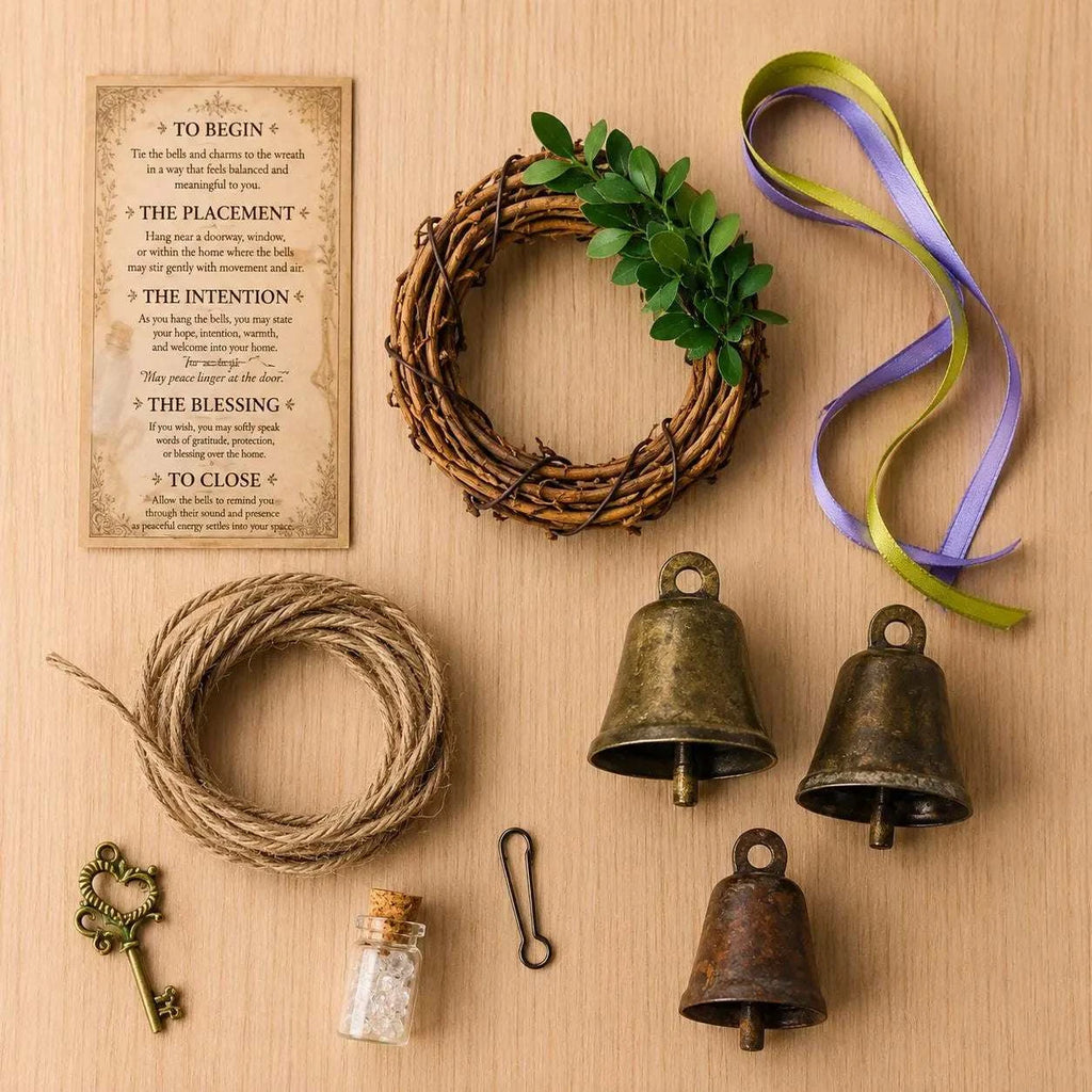 Threshiold Bells set with a brown twig wreath, three aged bronze bells, vintage-style key, clear quartz vial and cord