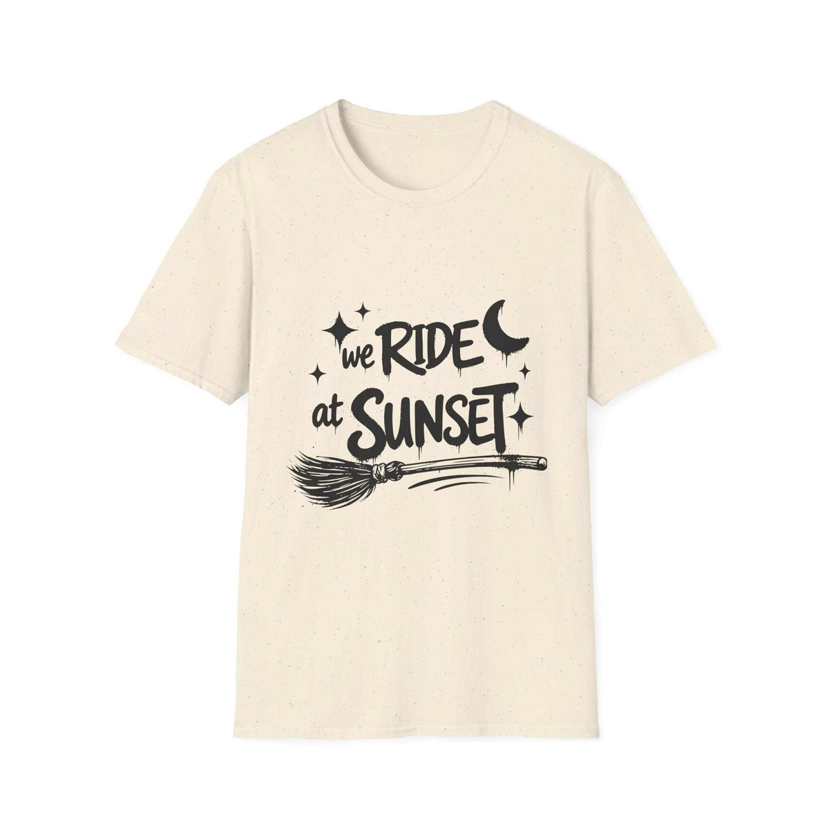 We Ride at Sunset T-shirt, Natural front product mockup with moon, stars and broom graphic