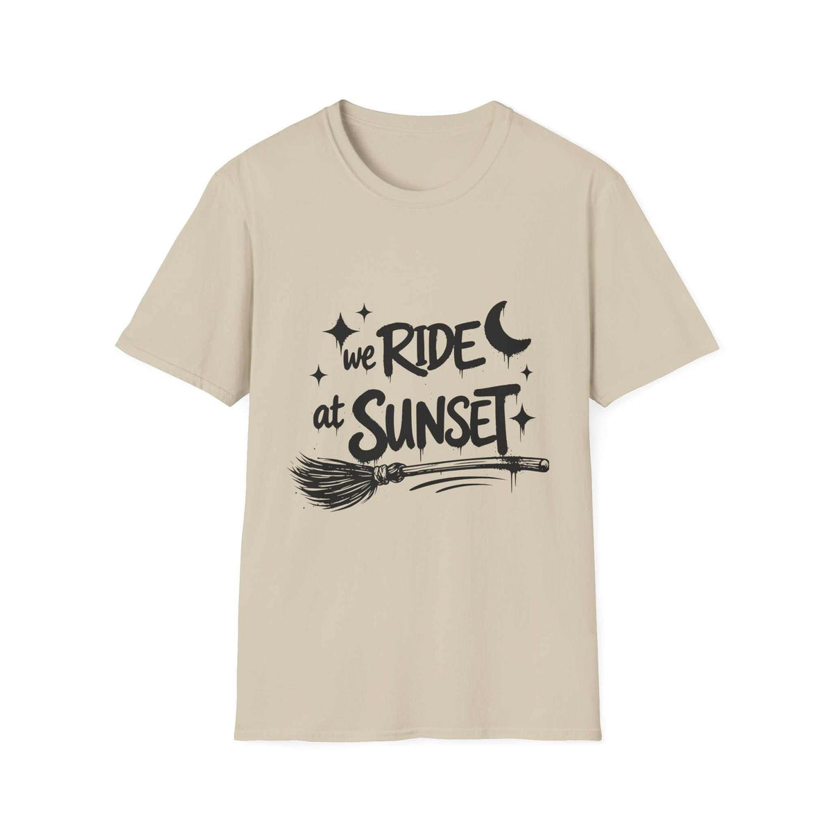 We Ride at Sunset T-shirt, Sand front product mockup with moon, stars and broom graphic
