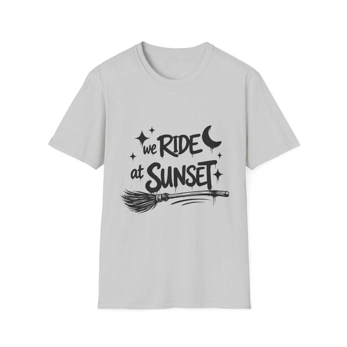 We Ride at Sunset T-shirt, Ice Grey front product mockup with moon, stars and broom graphic