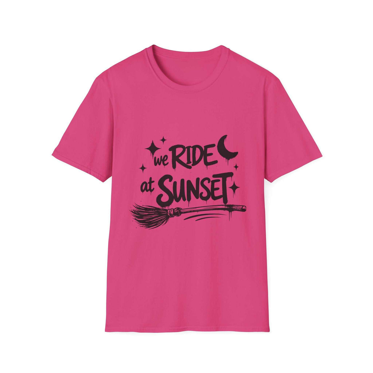 We Ride at Sunset T-shirt, Heliconia front product mockup with moon, stars and broom graphic