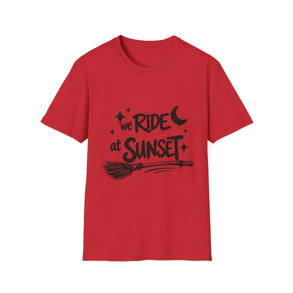 We Ride at Sunset T-shirt, Red front product mockup with moon, stars and broom graphic