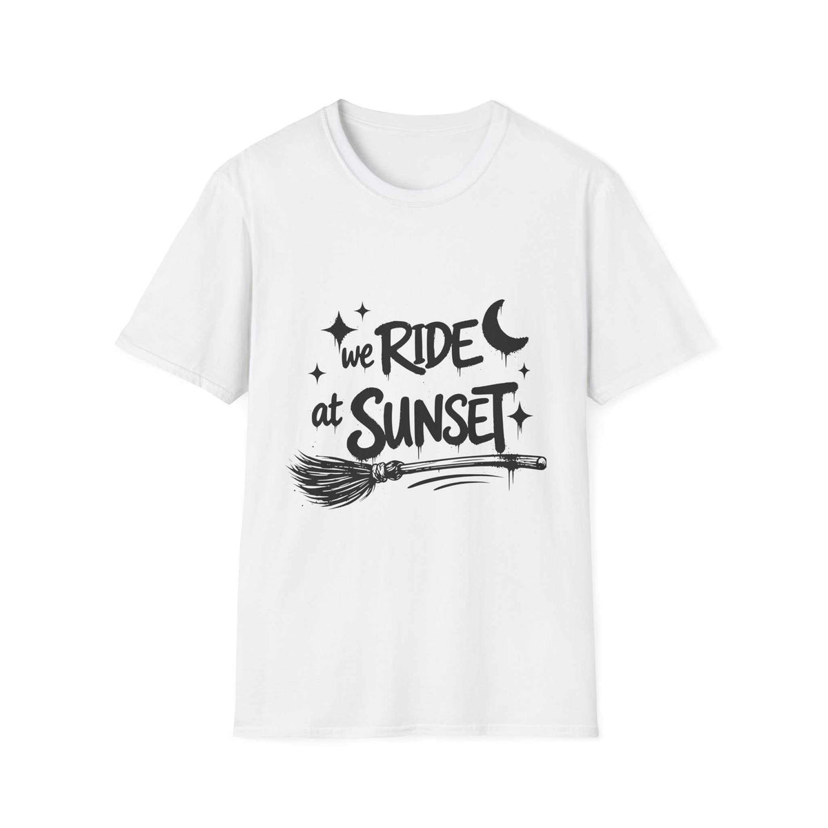 We Ride at Sunset T-shirt, White front product mockup with moon, stars and broom graphic