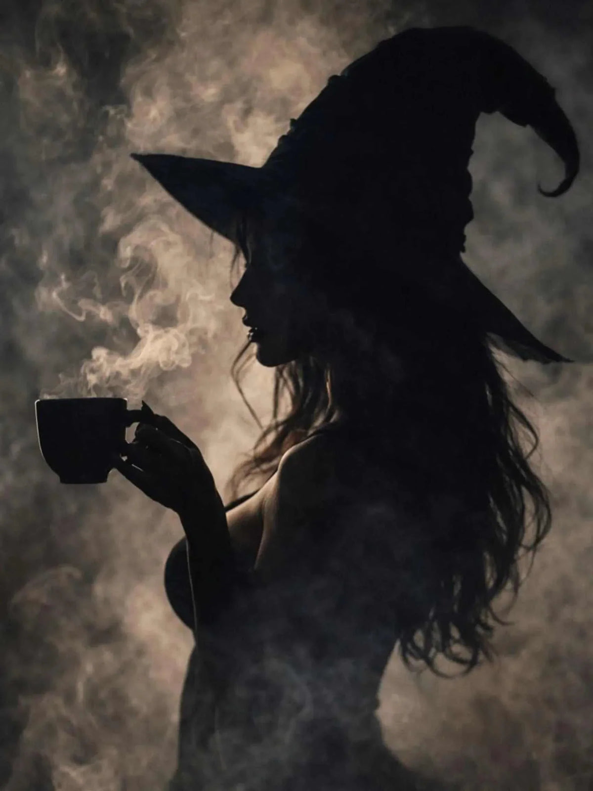 Witches Brew Poster featuring a black silhouette of a witch in a pointed hat holding a steaming cup, with curling smoke