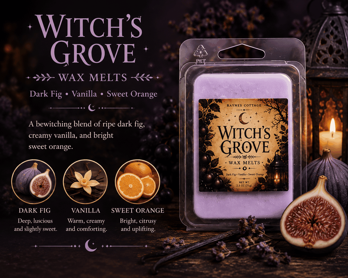 Witches Grove Wax Melts in a clear clamshell with lavender wax and a vintage gold label featuring dark fig, vanilla and orange