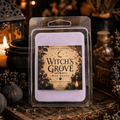 Witches Grove Wax Melts in a clear package, with pale lavender wax and a vintage tan label featuring dark fruit and foliage
