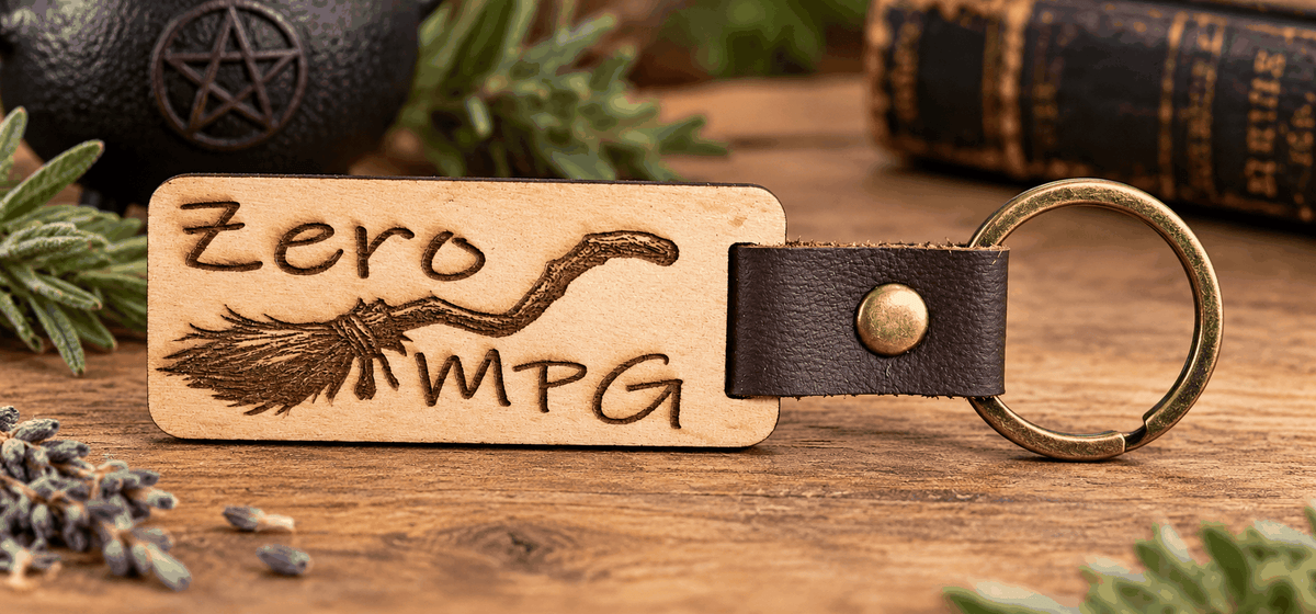 Zero MPG Keychain in pale engraved wood with a flying broom design, dark brown leather loop and brass ring